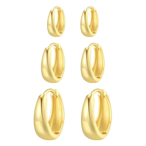 AUNEK Ensemble de 3 Paires de Créoles pour Femmes, Petites Créoles Épaisses, Boucles d’Oreilles Légères, Empilables, Bijoux Tendance Cartilage, Hélice, Lobe, Coffret Prêt à Offrir