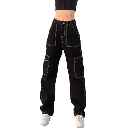 Harajuku Women's Pants Street Pockets Contrast Color Loose Thin Straight Denim Trousers Jeans Women