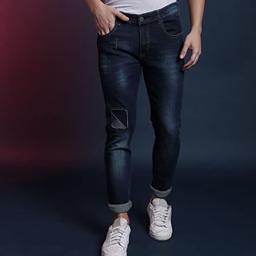 Image of CAHOOT Men's Navy Blue Tapered Dark- Wash Denim Jeans | Stretchable Cotton Mid-Rise Denim Jeans Crafted with Comfort Fit and High Performance for Everyday Wear