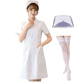 [OJUMAH] ナース コスプレ 帽子 ストッキング 付 ハロウィン 仮装 看護師 制服 膝丈 (ホワイト, M) [並行輸入品]