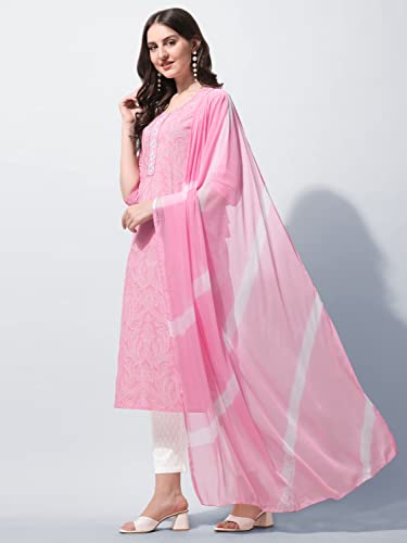 Image of MIRCHI FASHION Women's Straight Fit Pure Cotton Embellished Floral Printed Kurta Set with Dupatta and Trouser