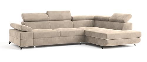 Masseno Canapé d'angle FAVIEN M R-S avec Fonction Couchage Forme en L, Classique, avec Coffre de Rangement, Ensemble canapé de Salon - Crème