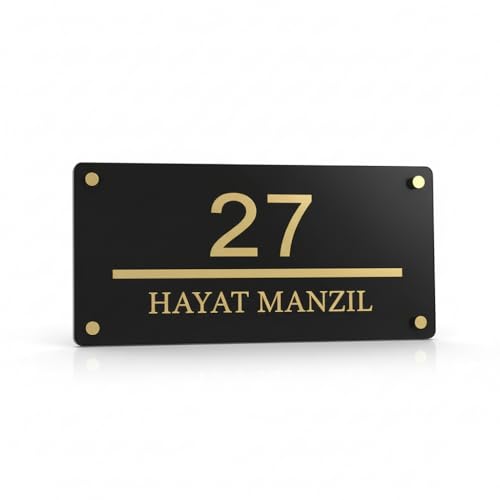 Image of Modern Acrylic House Number Plate (30x15 cm) - Black Door Name Plate with Gold Letters, Premium Home Entrance Name Board