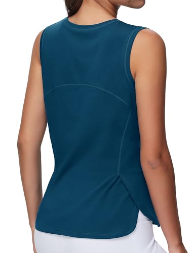 THE GYM PEOPLE Women's Workout Tank Tops Loose Fit Sleeveless Breathable Yoga Shirts with Side Slits, Dark Blue Green, Medium