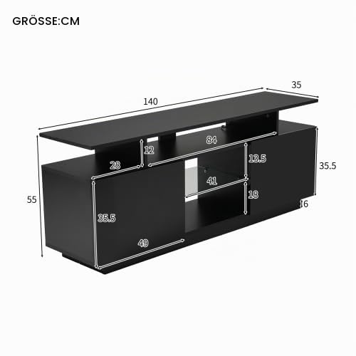 Merax Schwarzer TV-Schrank mit LED-Beleuchtung – 140 cm, Hochglanz-Design für 60-Zoll-Fernseher, App-gesteuerte RGB-Lichter, 2 Schranktüren & 5 offene Fächer – TV Board für Wohnzimmer & Schlafzimmer