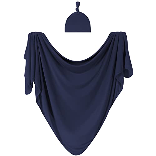 Image of Bayceen Large Jersey Knitted Swaddle Blanket for Baby, Soft Stretchy Receiving Blanket for Newborns with Hat, Large 47 x 47 inches (Navy)