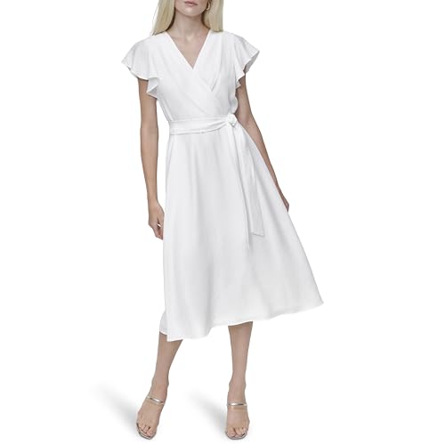 Image of DKNY Women's Flutter Sleeve Tie Fit & Flare Midi Dress