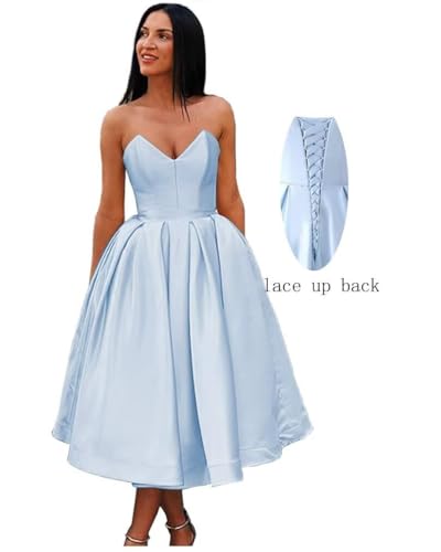 Image of Women's A Line Strapless Backless Prom Dress, Sleeveless Sweetheart Neck Satin Homecoming Dresses