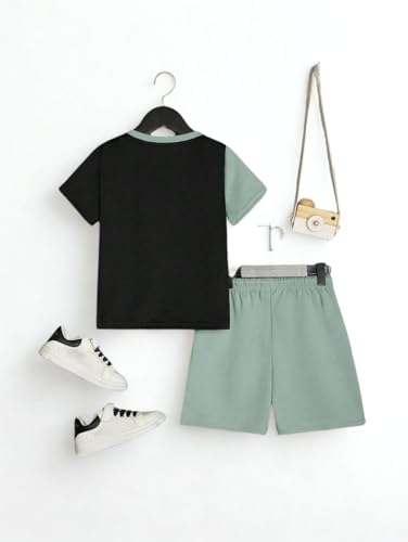 Image of Ayzozuy Boy Clothes Colorblock Top + Drawstring Waist Shorts 2 Pieces Kid Summer Outfits Set