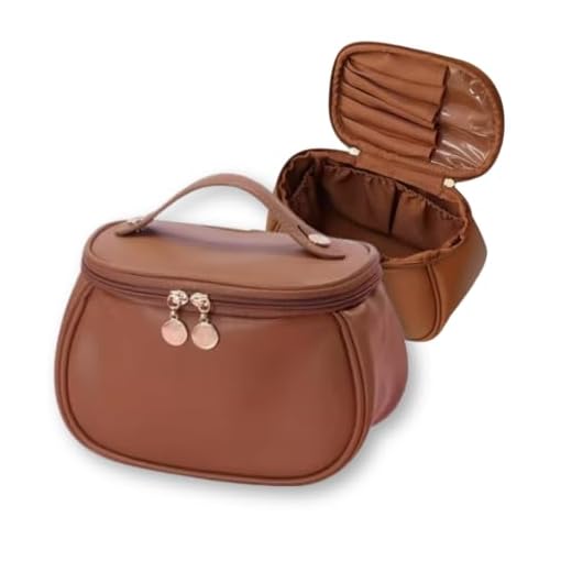 Necessaire de Maquiagem e Cosméticos para Viagem - Organizador Compacto com Divisórias - Bolsa de Couro Sintético Feminina - Estojo de Beleza Portátil - Organizador de Maquiagem - UpShop (Marrom)