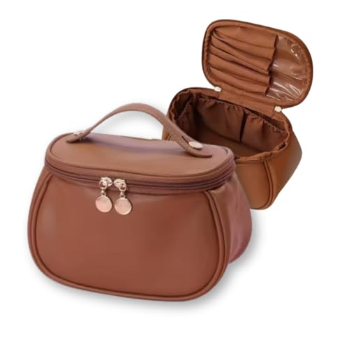 Necessaire de Maquiagem e Cosméticos para Viagem - Organizador Compacto com Divisórias - Bolsa de Couro Sintético Feminina - Estojo de Beleza Portátil - Organizador de Maquiagem - UpShop (Marrom)