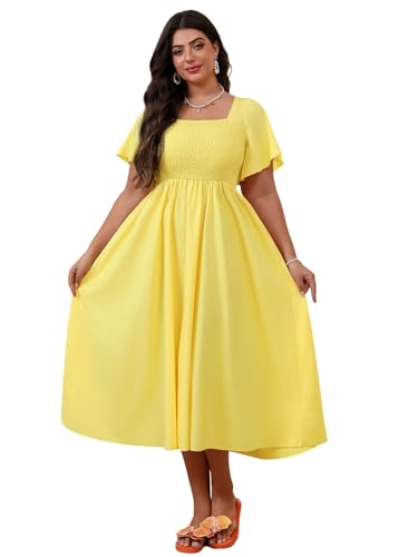 Floerns Women's Plus Size Summer Flutter Sleeve Dress Square Neck Shirred Flowy Long Dresses