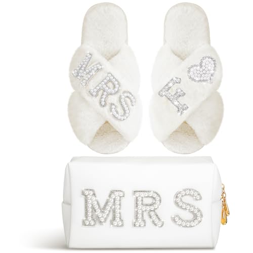 Image of Xtinmee Personalized Initial Wedding Bride Slipper Mrs Pearl Letter Makeup Bag Bachelorette Party Bridal Shower Wedding Gifts(F)