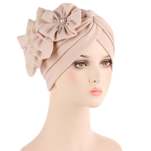 Flower Turban Hats for Women - Ruffle Bead Stretch Solid Caps Chemo Cancer Pre Tied Headscarf Headwear2