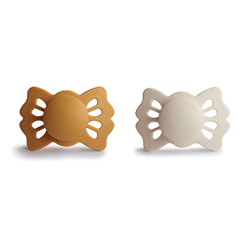 Image of FRIGG Lucky Symmetrical SilkySoft Silicone Baby Pacifier | Made in Denmark | BPA-Free (Honey Gold/Cream, 0-6 Months)