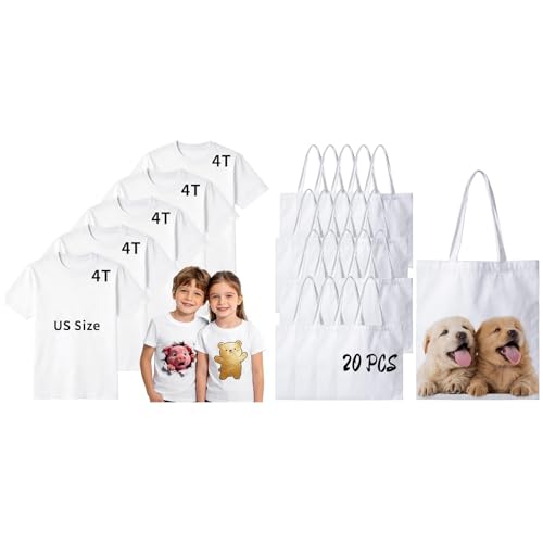 Joyclub Bundle of 5 PCS Toddler Sublimation Blank T Shirts and 20 Pack Canvas Tote Bags