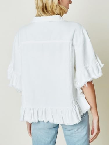 Womens Short Ruffle Trim Sleeves Washed Denim Jacket Button Down Jean Jacket with Ruffle Hem2