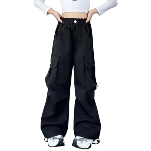 Girls Cargo Pants Wide Leg Streetwear Kids Pants with Pockets Trendy Jogger Trousers Solid Color Streetwear