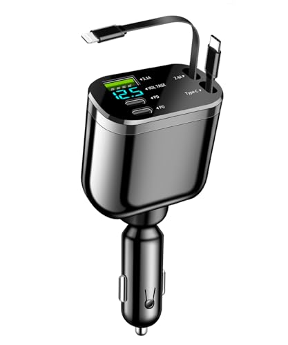 Accendisigari USB C 5 in 1 caricatore per da auto retrattile con voltmetro LED adattatore per accendisigari USB compatibile con iPhone Pro Max Samsung