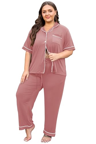 Image of Vozanet Women's Plus Size Pajamas Button Down Shirt and Pants Soft Lounge Sets Bride Nighty Bottom with Pockets 1x to 5x