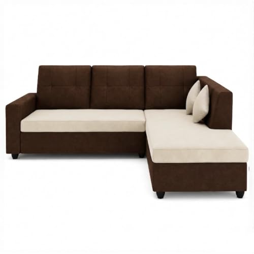 Image of FURNY Nathan 4 Seater L Shape Sofa Set RHS (Dark Brown-Cream) | Suede Velvet Finish | Durable Comfort Sofa for Modern Living Room & Office Spaces