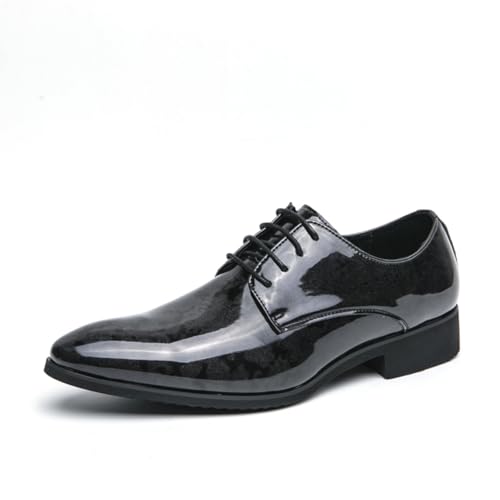 Mens Retro Printed Patent Leather Lace Up Dress Oxfords Shoes Low Top Pointed Toe Non-Slip Chunky Heels Casual Dreby Shoes for Formal Business Wedding