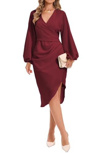Image of Women's Wrap V Neck Asymmetrical Hem Midi Ruched Cocktail Evening Dress | Back Zipper, Regular Fit, Club Night, Semi Office Formal, Wedding Dinner Date, Flutter Short Sleeve, High Low Irregular Hem