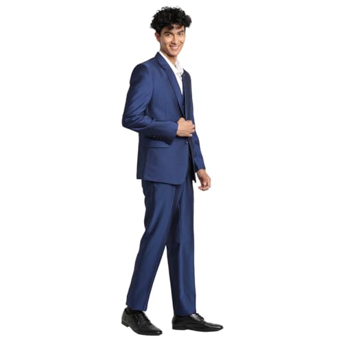 Image of Turtle Men 100% Cotton Dobby Print Full Sleeve Three Piece Blue Party Suit