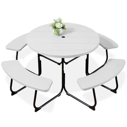 Best Choice Products 8-Person Outdoor Bench Patio Picnic Table, Circular w/ 4 Built-in Benches and Umbrella Hole, 2000lb Capacity - White