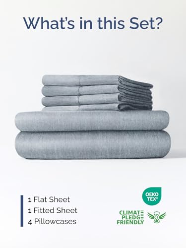 Image of Extra Deep King Sheet Set - 6 Piece Breathable & Cooling - Heathered Blue | Hotel Luxury Bed Sheets Set, Easy & Secure Fit, Ultra-Soft, Wrinkle & Fade Free, Comfy Sheets Set with Extra Deep Pockets