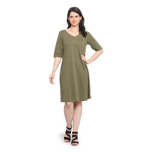 Image of Frenchtrendz Women's Cotton and Back Lace Designer V-Neck A-Line Knee Length Dress