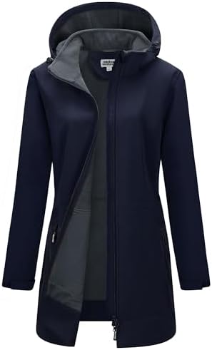 Outdoor Ventures Damen Softshelljacke Wasserdichte Lange Softshellmantel | Fleece Gefütterte Übergangsjacke, Winddichte Windbreaker, 2-Wege Reißverschluss Winterjacke, Regenjacke,