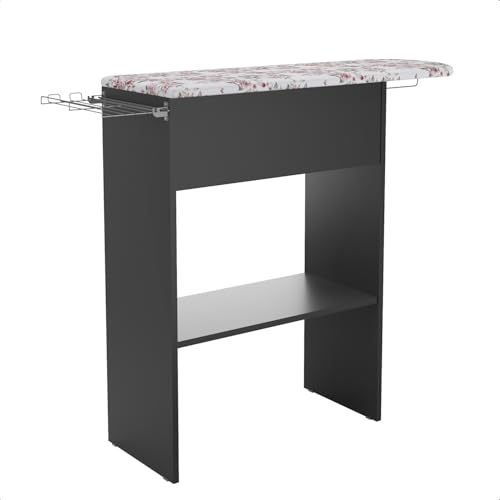 Mesa Tábua de Passar Roupa com Armário e Cabideiro Compacta Porta Ferro (Preto)