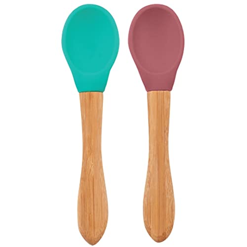 MinikOiOi Scoops 100% Silicone Spoon with Detachable Bamboo Handle 9m+ Aqua Green/Rose (2 Count)