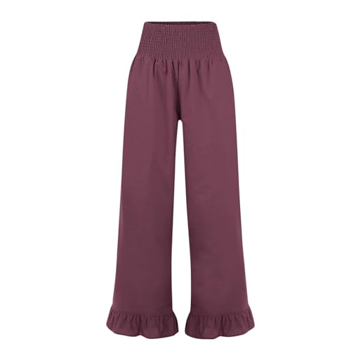 Image of Women Linen Pants Dressy Casual Summer Boho Ruffle Hem Wide Leg Cropped Pants Smocked High Waisted Palazzo Pant