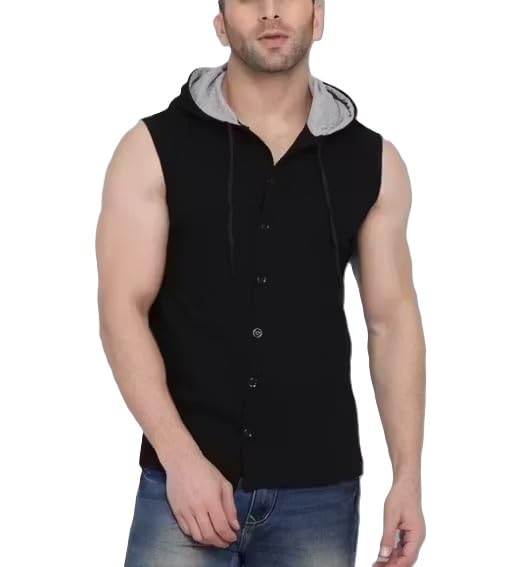 Tees Collection Men Sleeveless Cut Sleeve Hooded T Shirt with Buttons-picture-32