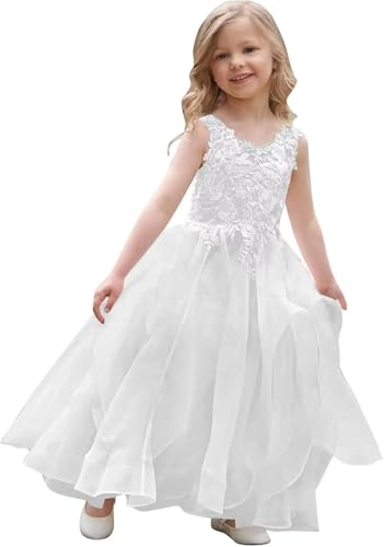 Girls Lace Applique Flower Girl Dress Tulle Toddler Princess Pageant Dresses Ruffles Long Tiered First Communion Dress