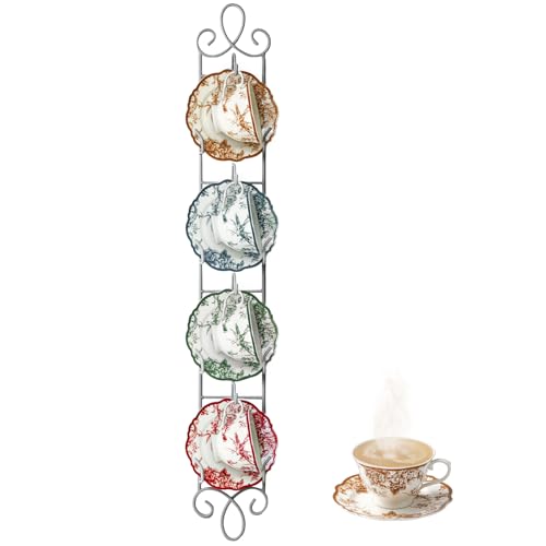 Blulu 1 Pcs 36'' x 5'' Tea Cup and Saucer Display Stand 4 Tiers Vertical Wall Mounted Cups Plate Holder Wall Plate Hangers Decorative Brackets for China Coffee Mug Gifts Thanksgiving Christmas (White)
