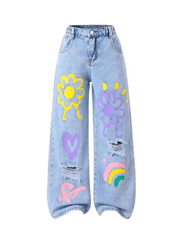 GORGLITTER Girl's Cute Baggy Wide Leg Jeans Ripped Cartoon Print Denim Pants with Pockets