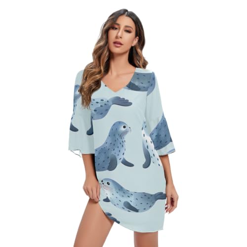 Robe de soirée longue chic col en V Seal Blue avec manches 3/4 amples