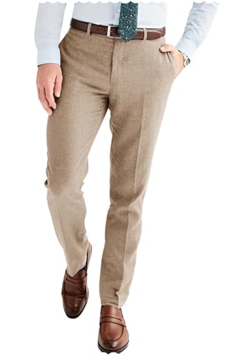 Men's Linen Blend Dress Pants Slim Fit Flat Front Wedding Beach Trousers Lightweight & Comfortable