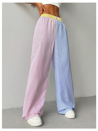 OYOANGLE Women's Colorblock Striped Baggy Pants Elastic Waist Wide Leg Casual Trousers2
