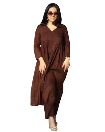 Image of Anarkali Kurta Pant Set for Women Long Flared V-Neck Kurta | Office & Casual Wear | 3 /4 Sleeve | Button Front | Karwa Chauth & Diwali Special Office wear