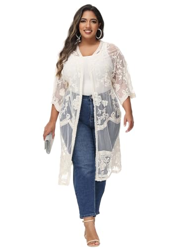 Anna-Kaci Women's Plus Size Lace Cardigan Embroidered Long Kimono Dusters with Half Sleeves4