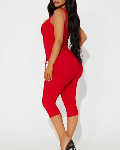 Image of 2 Piece Sets for Women Sexy Ribbed Crop Tops High Waist Bodycon Capri Pants Womens Summer Outfits Clubwear