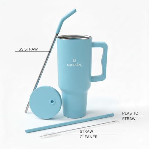 Image of Speedex 1200 ml Insulated Stainless Steel Tumbler with Handle, Straw & Cleaning Brush, Double Wall Leakproof Sipper Bottle, 24H Cold 18H Hot, Cup Holder Fit Travel Mug for Men Women (Sky Blue, 1.2 l)