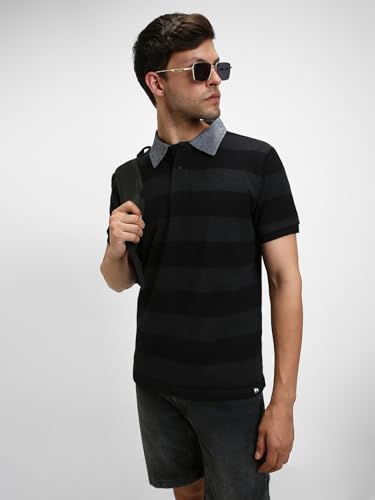 Image of Dennis Lingo Men's Cotton Grey Stripes Regular Fit Button-Down Half Sleeve Polo Tshirt