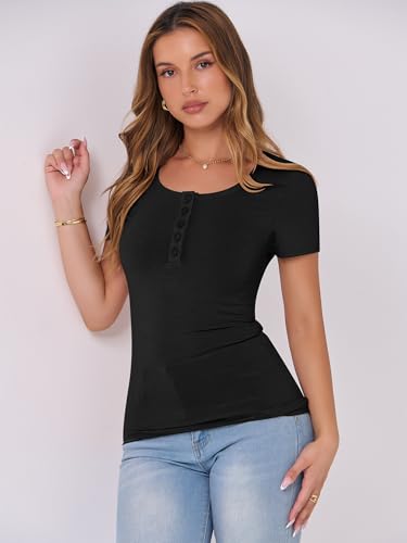 image for ANRABESS Women's 2025 Summer Short Sleeve Tops Ribbed Knit Henley Butt
