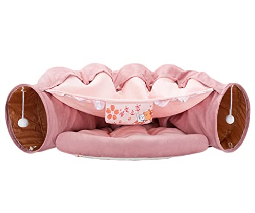 Image of 2 in 1 Cat Tunnel Bed Tube with Cushion and Plush Ball Toy Playground Crinkle Collapsible for Large Cats Kittens Kitty Puppy Small Dog Foldable Soft Pet Play Bed Indoor Outdoor- Pink Cat Tunnel Bed