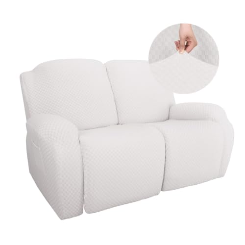 Image of YEMYHOM 6 Pieces Stretch Loveseat Recliner Slipcover Jacquard Recliner Sofa Cover with Side Pocket Fitted Recliner Cover Couch Furniture Protector with Elastic Bottom (Loveseat Recliner, White)